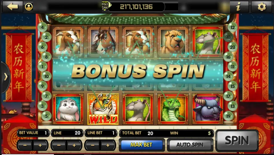 A Bonus Spin banner across the Chinese New Year reels with 20 lines played