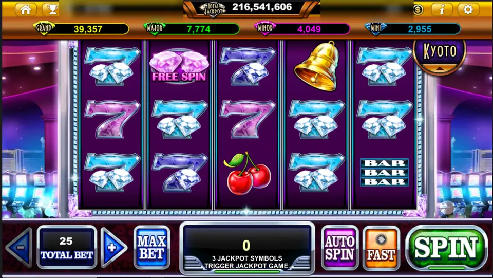 Classic Diamond reels with blue and pink sevens over diamonds, cherries, a gold bell, a triple bar and a FREE SPIN symbol
