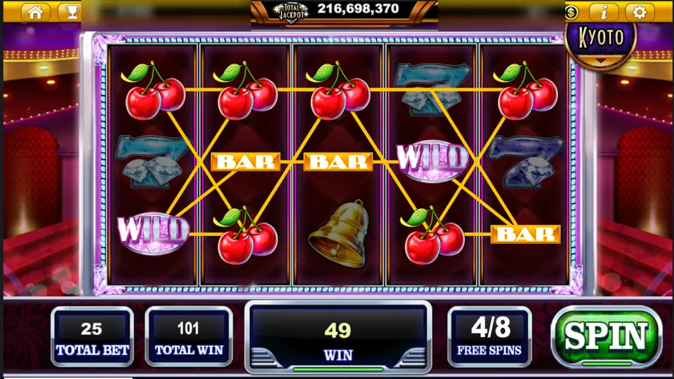 Classic Diamond free spins at 4 of 8, cherries and bars paying on several lines with two WILD symbols