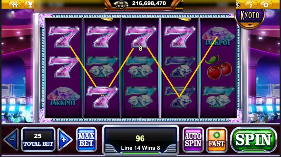 Pink sevens paying on line 14 of Classic Diamond, win 96, with two JACKPOT diamonds on the reels