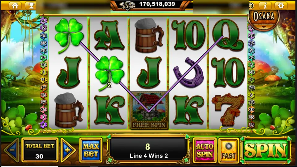 Clover Tails line 4 win of 2 on clovers, with a FREE SPIN wishing well on reel 3, total bet 30