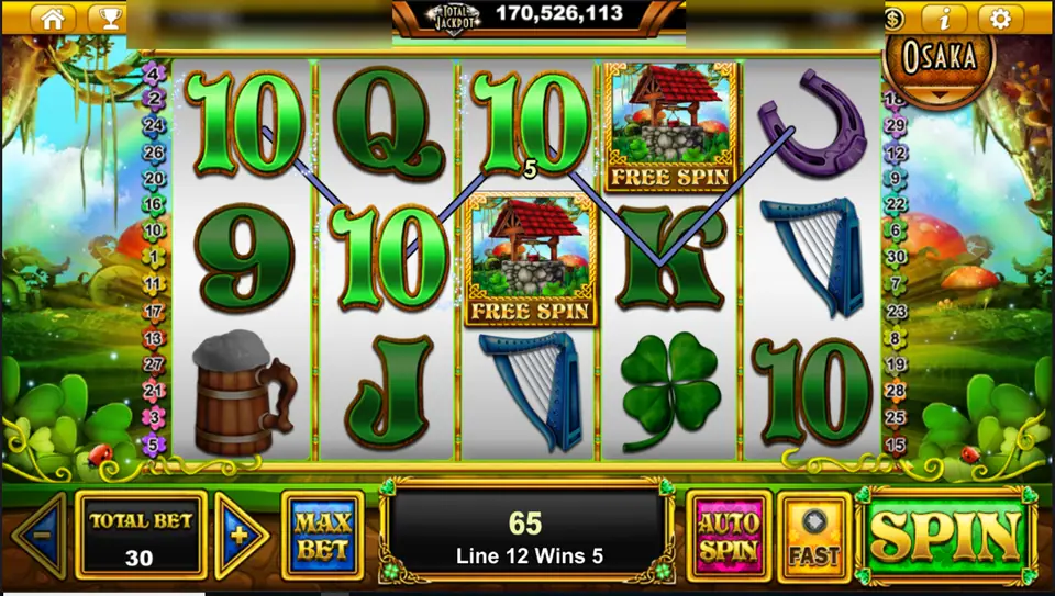 Two FREE SPIN wishing wells on reels 3 and 4 of Clover Tails, line 12 wins 5, total win 65