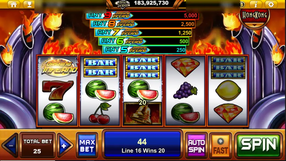 Dashing Inferno line 16 win of 20 with a logo symbol on reel 1, total bet 25