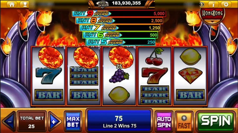Three flaming red diamonds on reels 1 to 3 of Dashing Inferno, line 2 wins 75