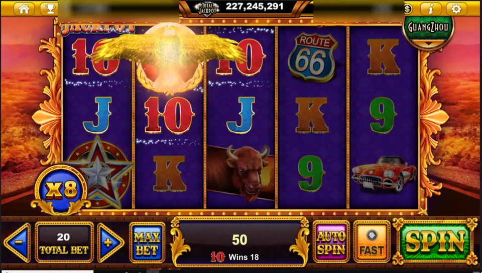 A golden eagle spreading its wings over Dreams Of Americans with the orb at x8, win 50 at total bet 20