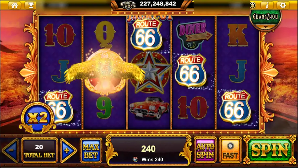 Four Route 66 shields and the eagle on reel 2 of Dreams Of Americans, orb at x2, win 240
