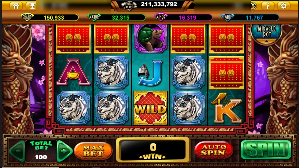 Fu Lai reels with white tiger symbols, red treasure chests, a turtle and a red WILD tile, bronze dragons on both sides