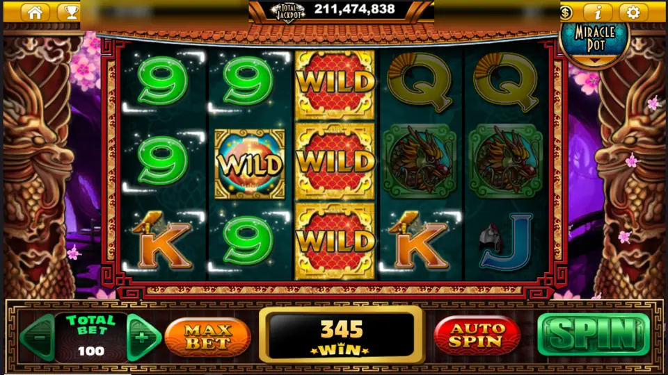 Fu Lai with red WILD tiles filling reel 3 and a lantern WILD on reel 2, win 345 at total bet 100