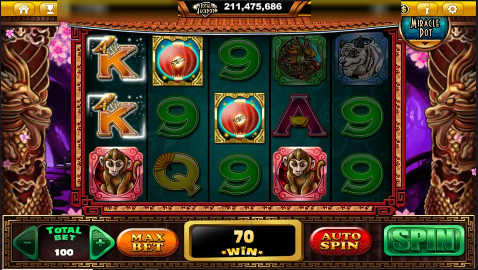 Fu Lai with red lanterns and monkeys on the reels, win 70 at total bet 100