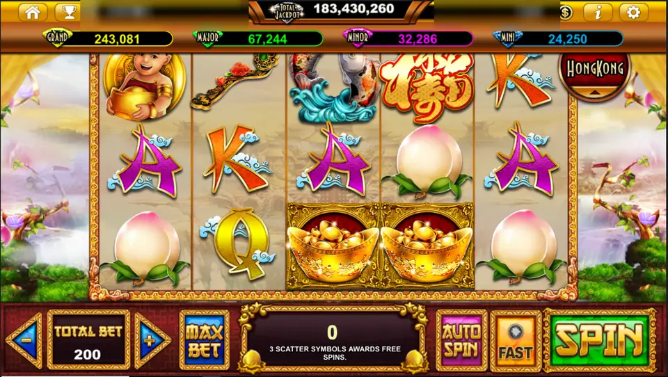 God Of Three reels with peaches, gold ingot bowls and the jackpot bar above, room badge HongKong