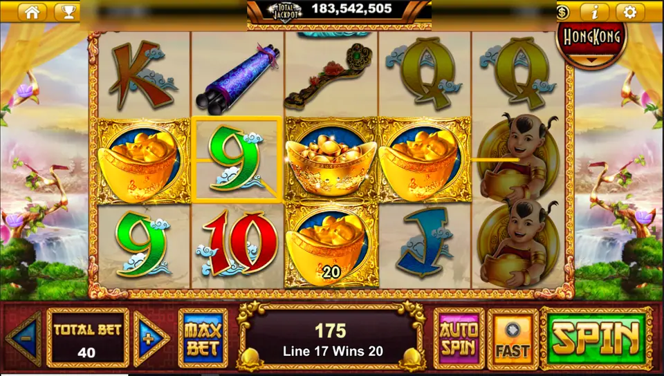 God Of Three win on line 17 with gold ingot bowls and a lucky child on reel 5, total bet 40