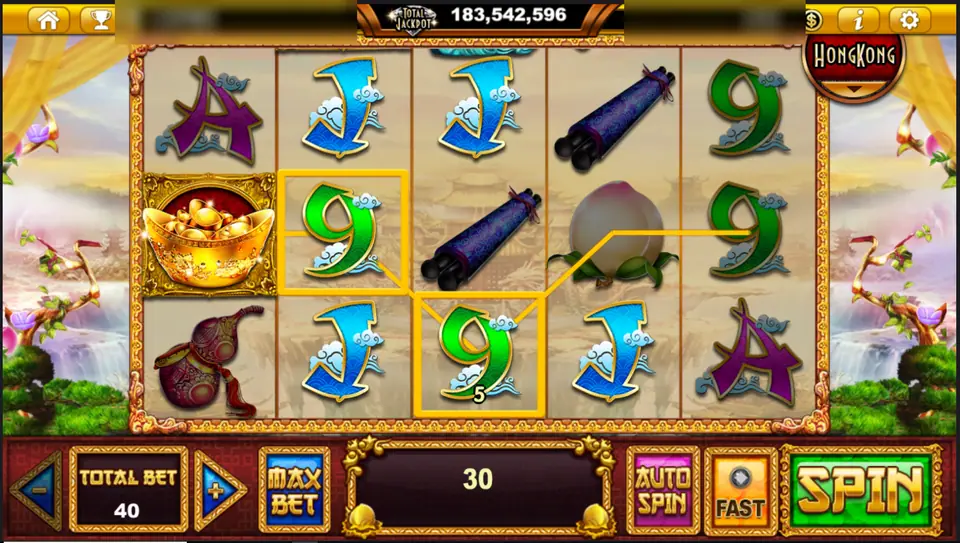 Small win on the 9 symbols in God Of Three, total bet 40, win 30