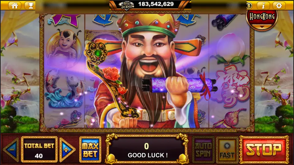 A bearded god in a red robe covering the God Of Three reels during a spin