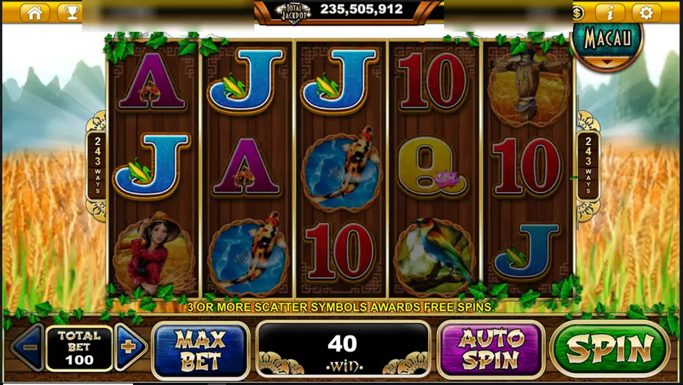 Golden Harvest win of 40 with koi symbols and a farm girl on reel 1, total bet 100