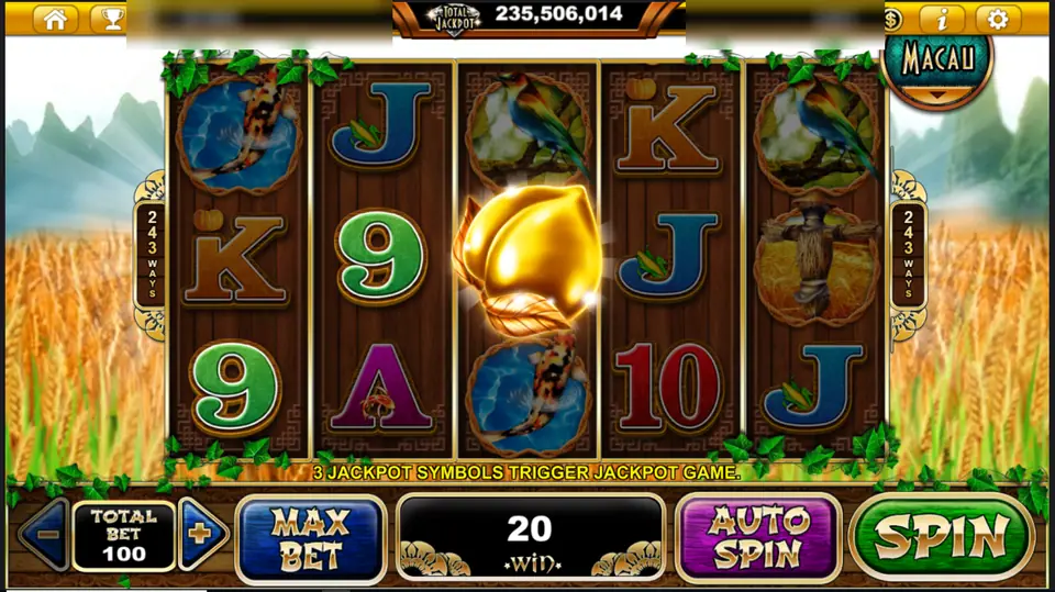 A glowing golden jackpot symbol landing on reel 3 of Golden Harvest