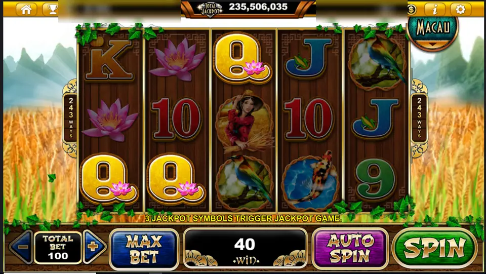 Golden Harvest reels with lotus flowers and three yellow Q symbols, win 40
