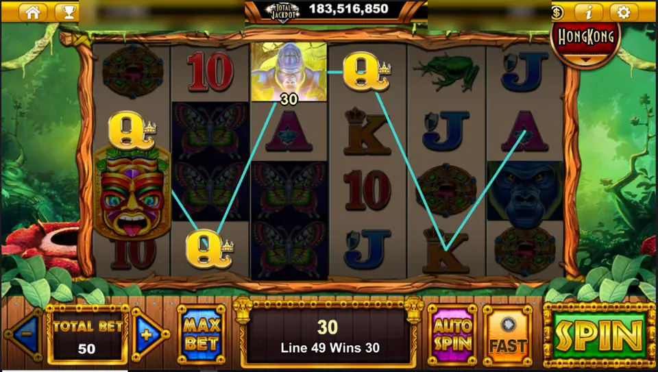 Gorilla Tribe with line 49 win of 30 and a mask symbol on reel 1