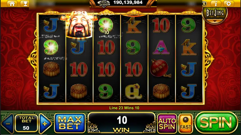 God of Fortune popping out of his frame on reel 2 of Great Abundance, win 10 at total bet 50