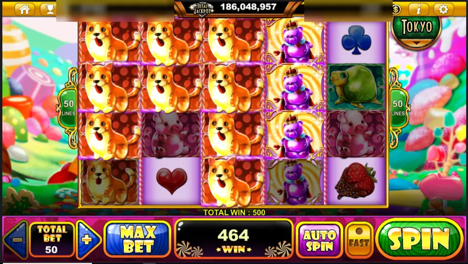Gummy Wonderland reels covered in stacked orange gummy dogs and purple bears, total win 500