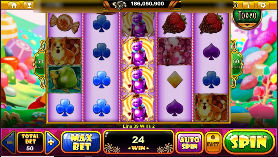 Three crowned purple bears stacked on reel 3 of Gummy Wonderland, line 39 wins 2