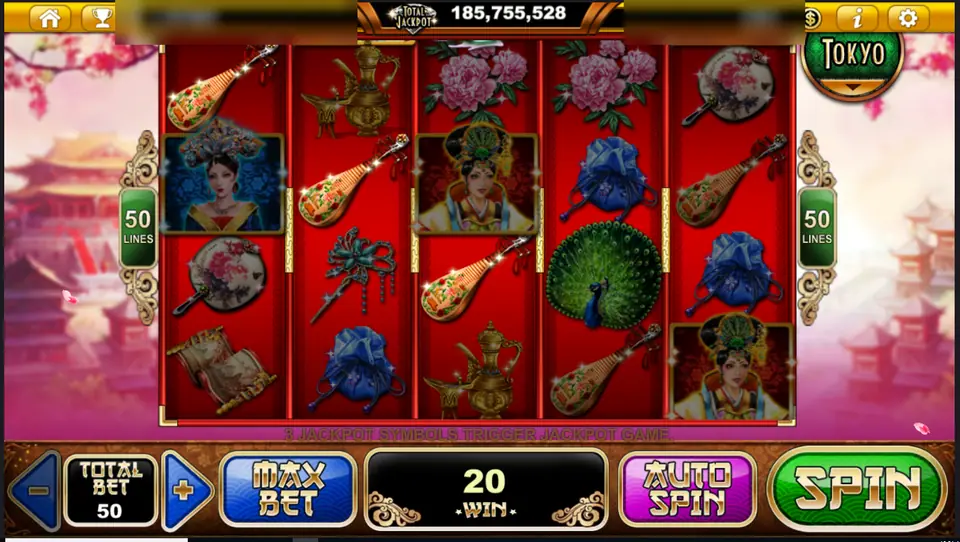Imperial Chase reels with two empress portraits, peonies and a peacock, win 20 at total bet 50