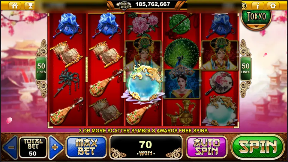 A glowing pearl in a gold dragon claw on reel 3 of Imperial Chase, win 70