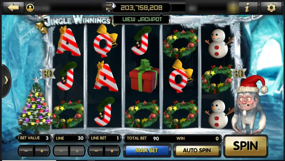 Jingle Winnings reels in an ice cave with candy-cane letters, wreaths, a snowman and a yeti in a Santa hat
