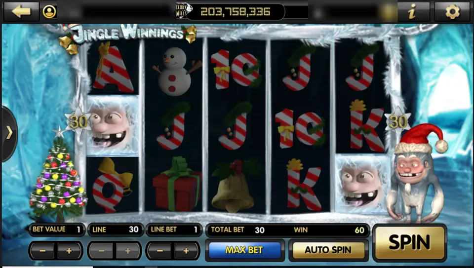 Jingle Winnings reels with two frozen yeti faces and a gift box, total bet 30, win 60
