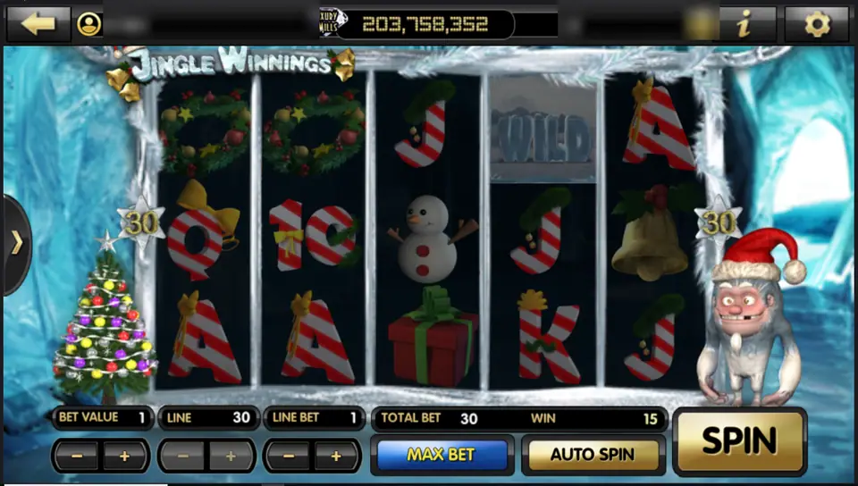 WILD ice blocks on reel 4 of Jingle Winnings, total bet 30, win 15