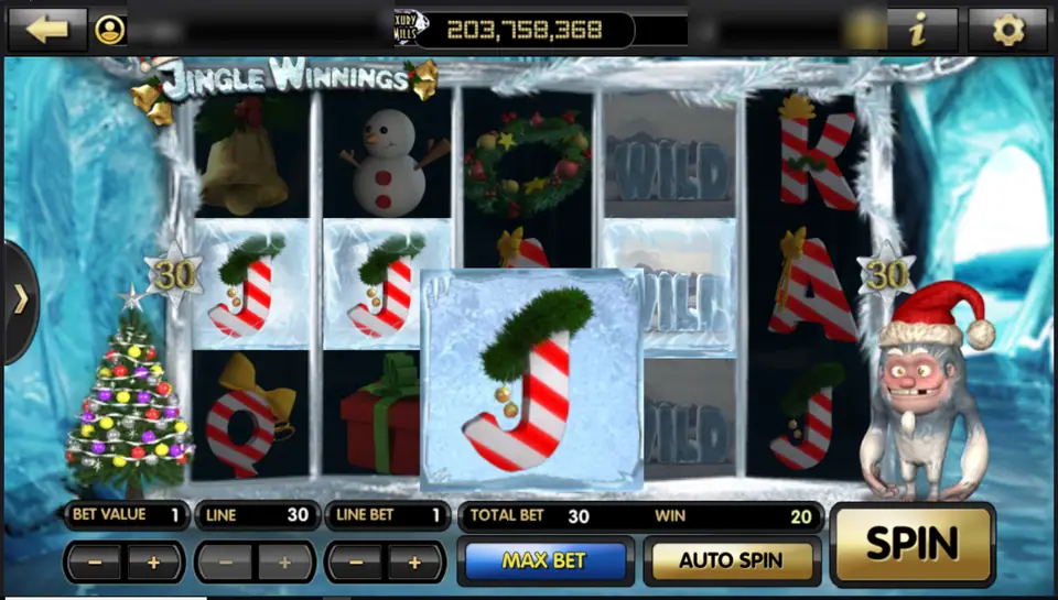 A candy-cane J frozen in a big ice cube over the Jingle Winnings reels