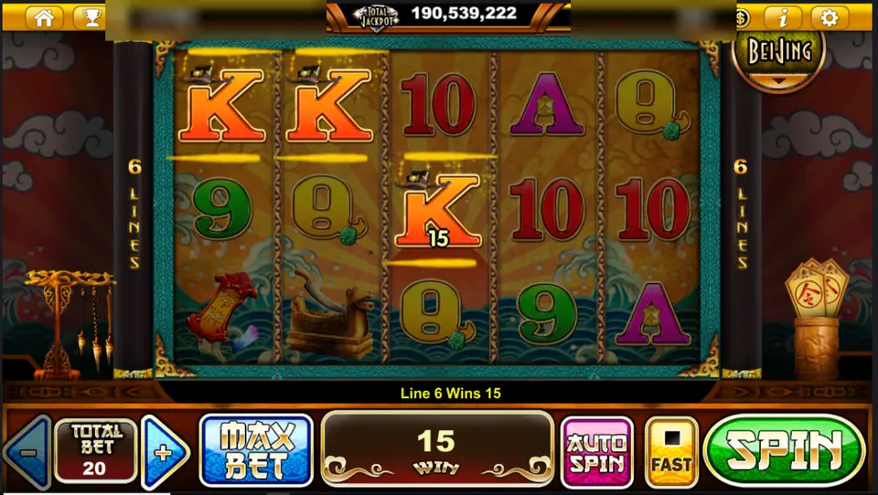 Justice Bao line 6 win of 15 on K symbols across reels 1 to 3