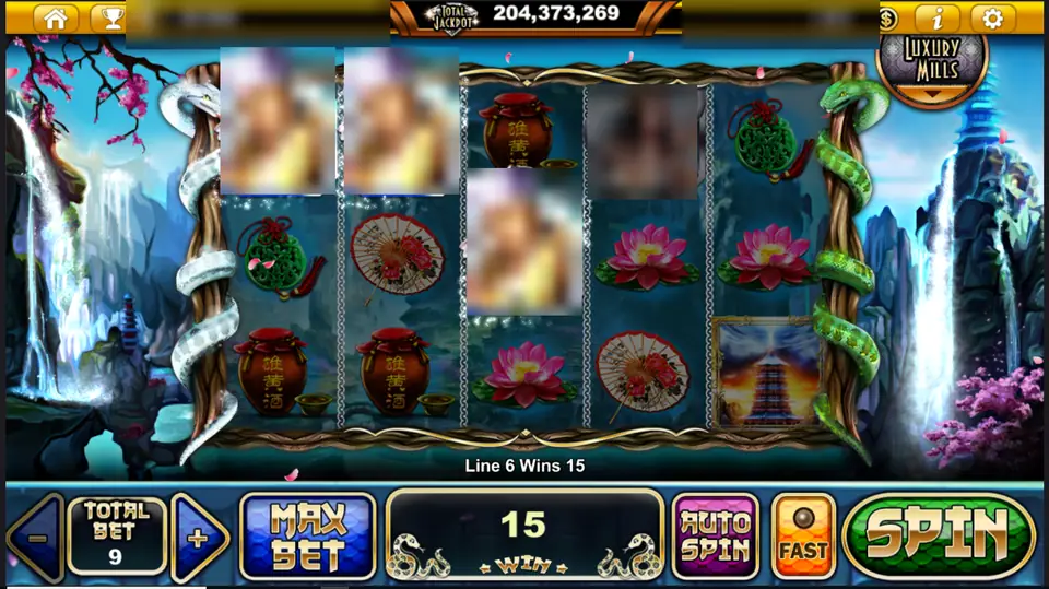 Legend of the White Snake reels with wine jars, lotus flowers and umbrellas, a white snake and a green snake on the frame