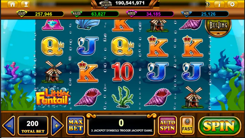 Little Fantail reels in a blue fish tank with a windmill ornament, conch shells and the game logo on reel 1