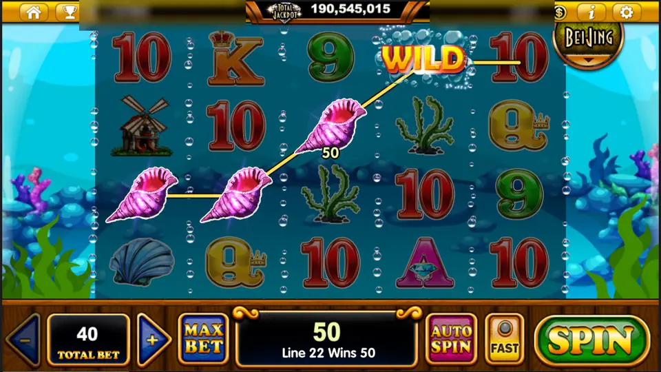 Little Fantail line 22 win of 50 with three conch shells and a WILD, total bet 40