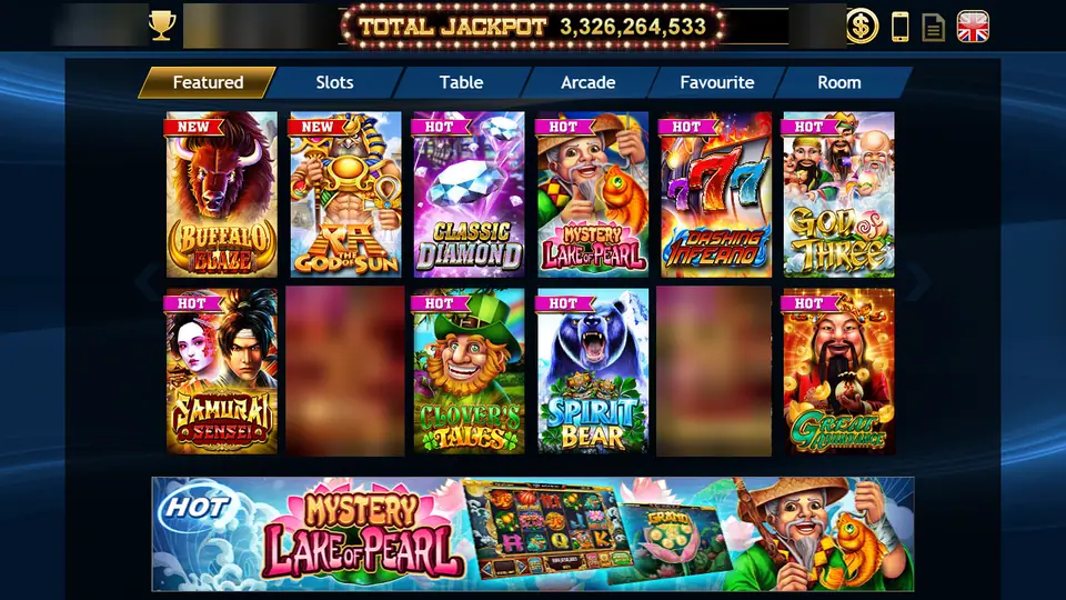 Live22 lobby with Featured, Slots, Table, Arcade, Favourite and Room tabs and game tiles like Buffalo Blaze and Classic Diamond