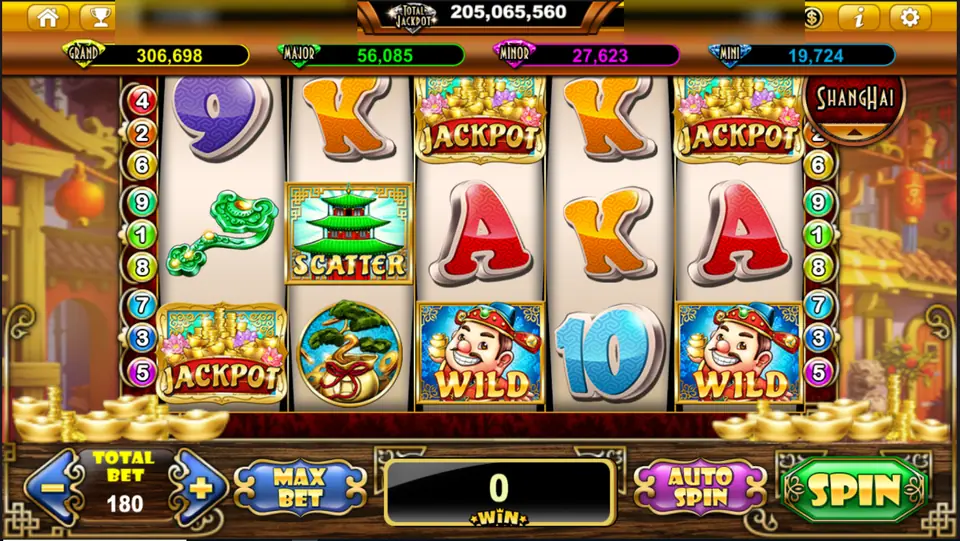 Lucky Fortune reels with two JACKPOT gold ingot symbols, a pagoda SCATTER and two God of Fortune WILD symbols