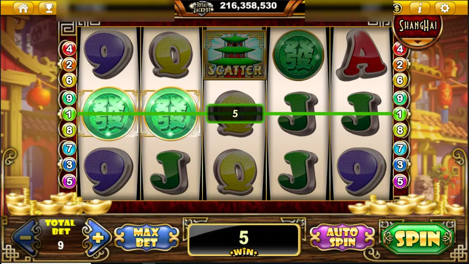 Lucky Fortune line 1 win of 5 with two green Fa coins, total bet 9