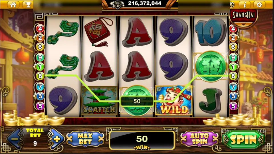 A Lucky Fortune line 8 win of 50 with the WILD on reel 4 and a SCATTER on reel 2