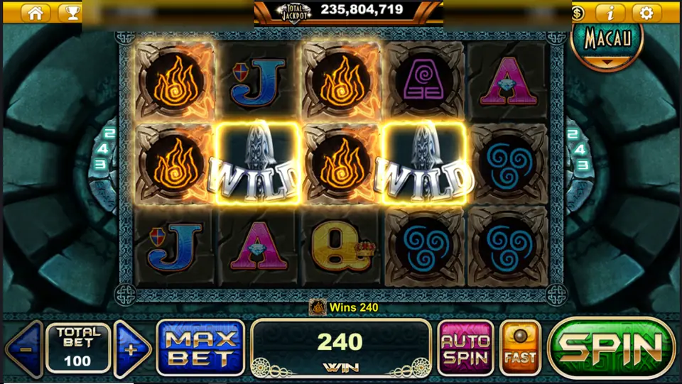Fire glyphs and two WILD masks lighting up for a win of 240 at total bet 100
