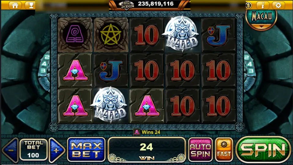 Two WILD masks on reels 2 and 4 of Mayan Element Of Life, win 24