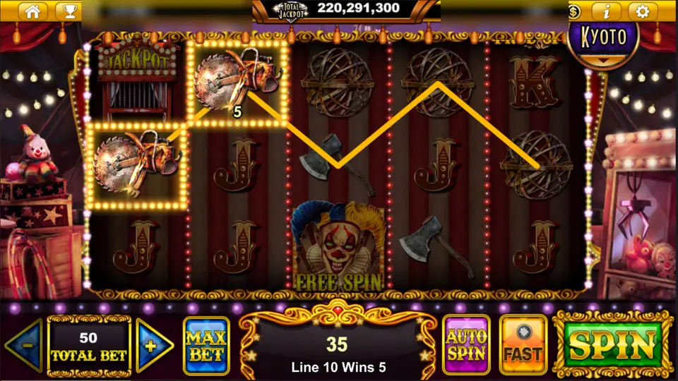 Midnight Carnival line 10 win of 5 on saw symbols with a clown FREE SPIN symbol on reel 3
