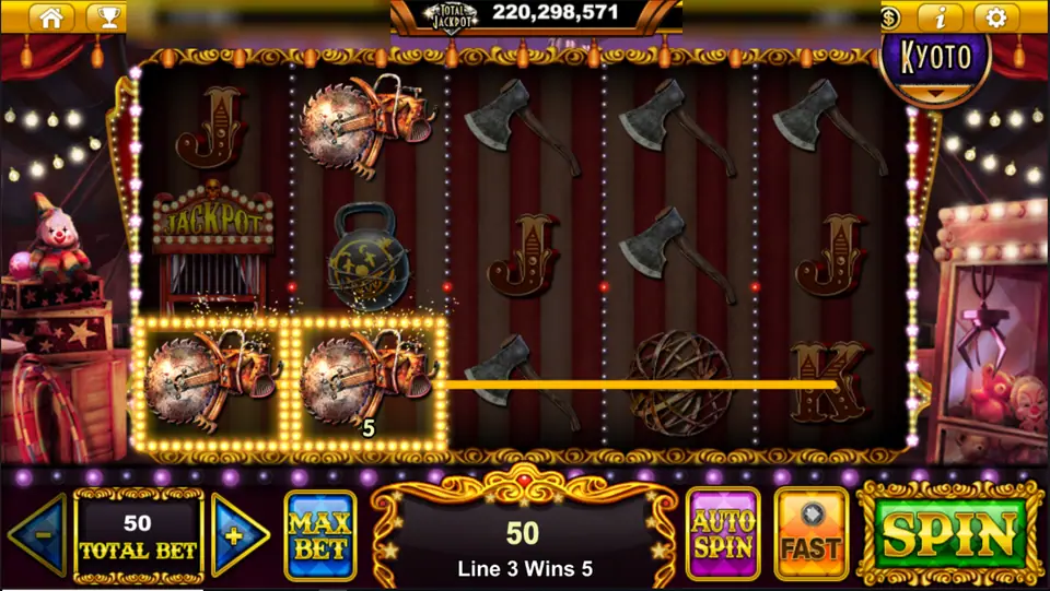 Two saw symbols paying on line 3 of Midnight Carnival, win 50 at total bet 50