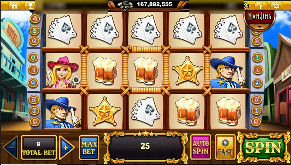 A row of card fan symbols across the top of Money Bang Bang, win 25 at total bet 9