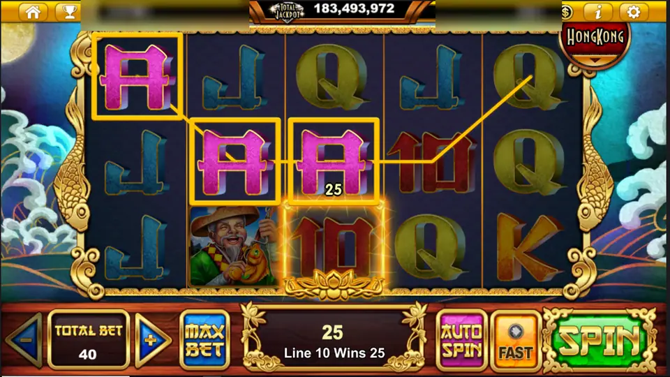 Mystery Lake Pearl line 10 win of 25 on three pink A symbols, total bet 40