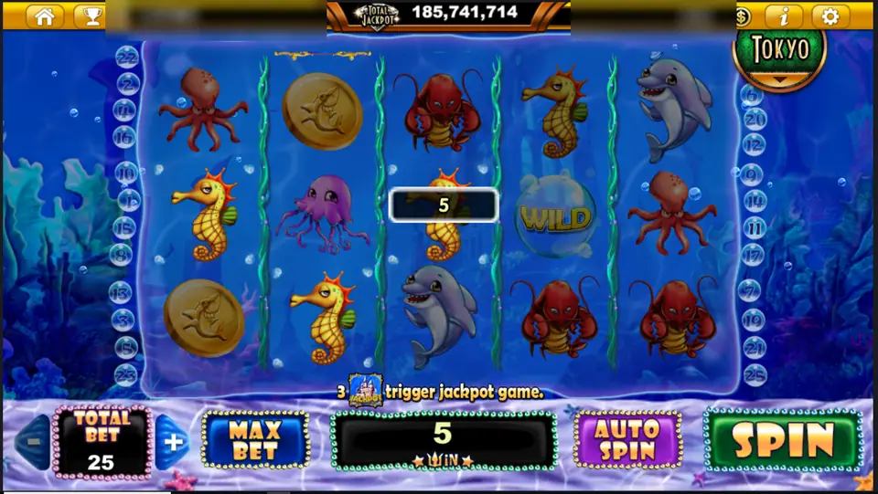 Ocean Trouble line win of 5 on seahorses with a bubble WILD on reel 4, total bet 25
