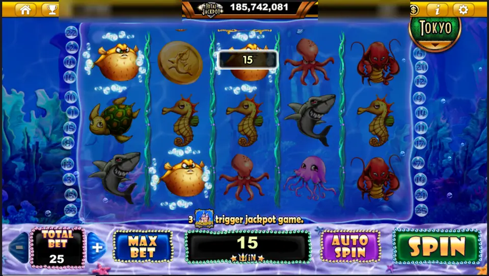 Sharks, puffer fish and seahorses in Ocean Trouble, win 15 at total bet 25