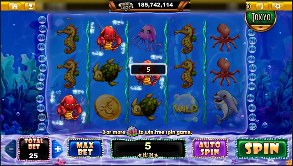 Ocean Trouble at total bet 25 with seahorses, octopuses and a lobster, win 5
