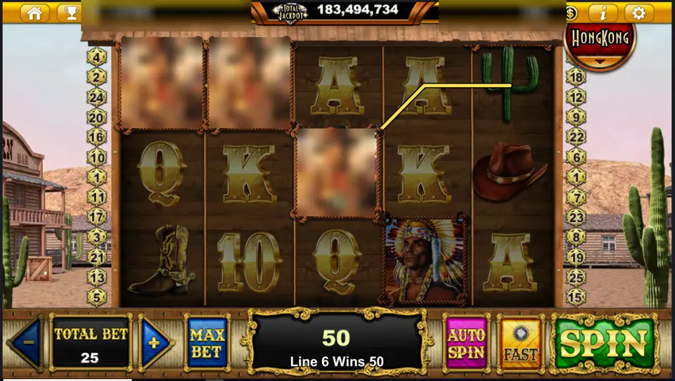 Outlaw Gunslinger reels with gold card letters, a boot, a cowboy hat, a cactus and a chief in a feather headdress