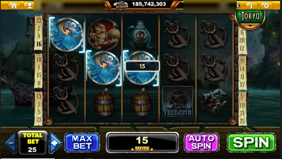 Phantom Island parrots paying on three reels, win 15 at total bet 25