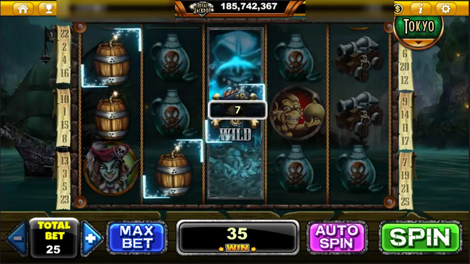 A blue skull WILD filling reel 3 of Phantom Island, win 35 at total bet 25